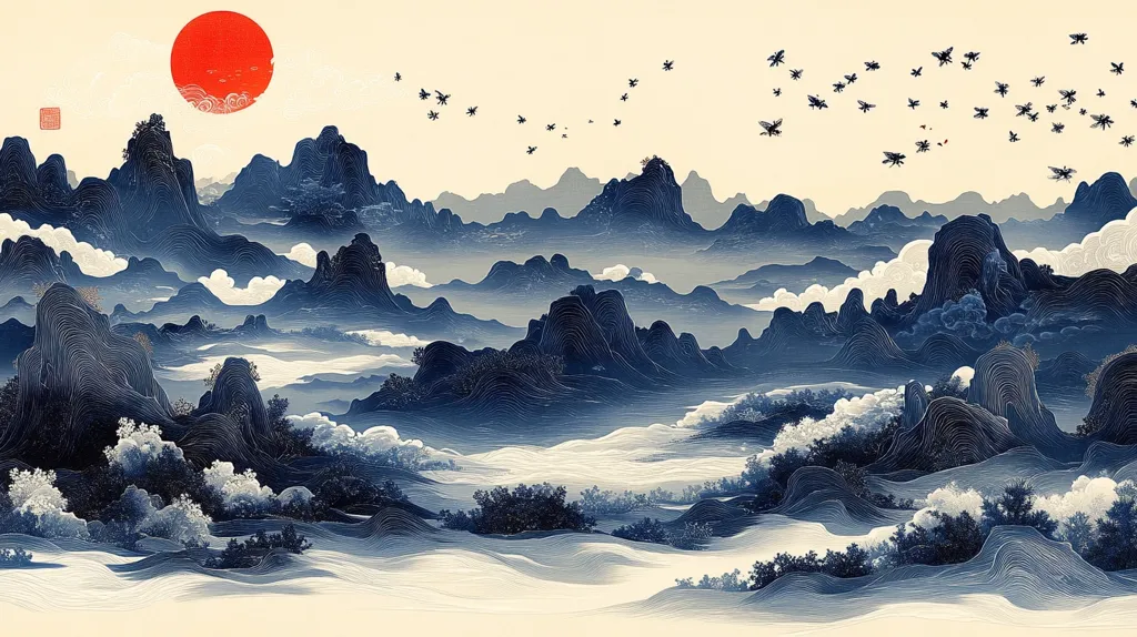 The image depicts a serene mountain landscape with a large red sun in the top left corner. The mountains are painted in shades of blue and white, with delicate lines that suggest the flow of water and clouds. A flock of birds flies across the sky, adding to the sense of peace and tranquility. The scene evokes a feeling of serenity and awe, reflecting the beauty and harmony of nature.