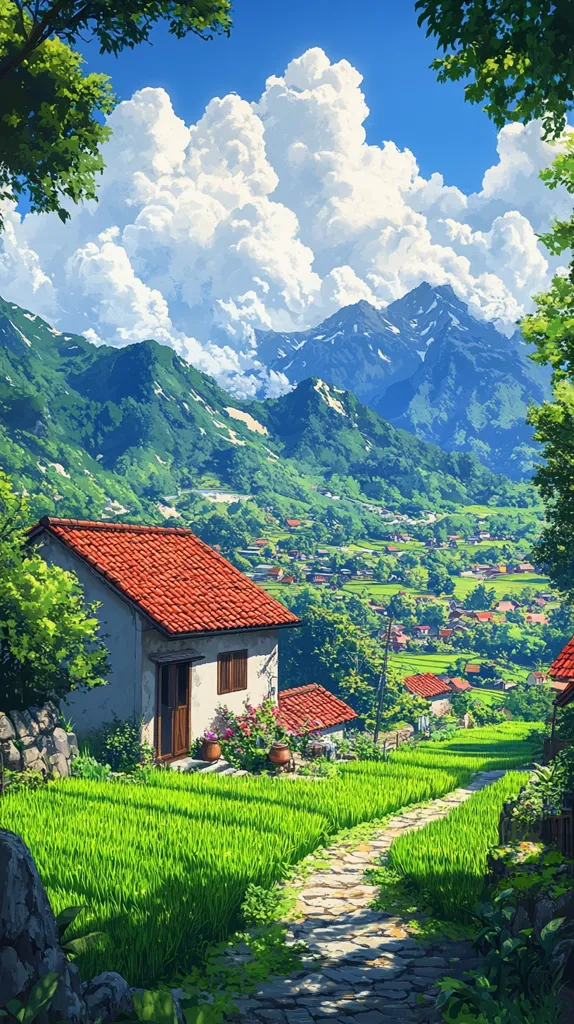 A charming countryside scene unfolds with a quaint house nestled amongst verdant rice paddies. A winding stone path leads the eye upwards towards a picturesque village nestled into the foothills of snow-capped mountains. Lush greenery covers the slopes, while puffy white clouds float across a bright blue sky. The scene evokes a sense of peace and tranquility.