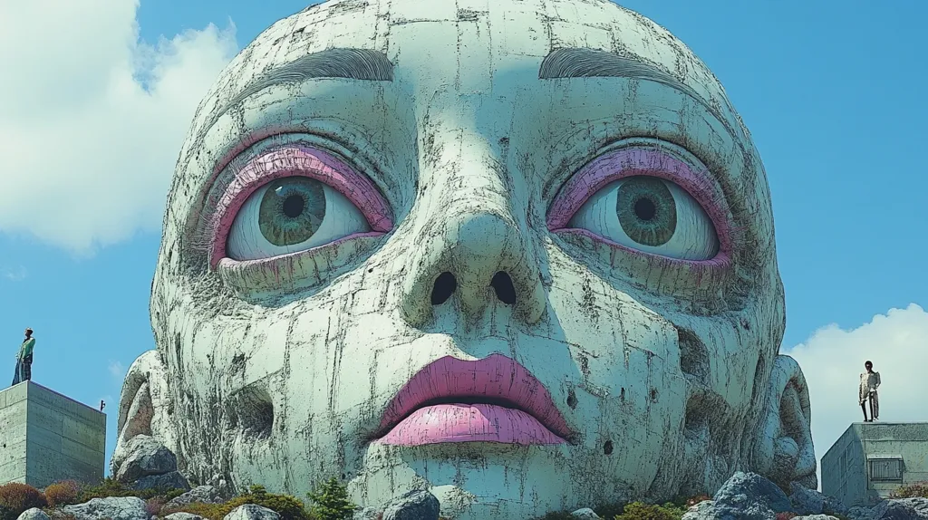 A large, stone sculpture of a woman's face dominates the scene. Her eyes are wide open, her lips are slightly parted, and her expression is one of wonder or perhaps alarm. The sculpture is weathered and cracked, giving it a sense of age and mystery. Two tiny figures stand on platforms below, dwarfed by the scale of the giant head. The sky is a clear blue with wispy clouds.  The overall tone of the image is surreal and slightly unsettling.