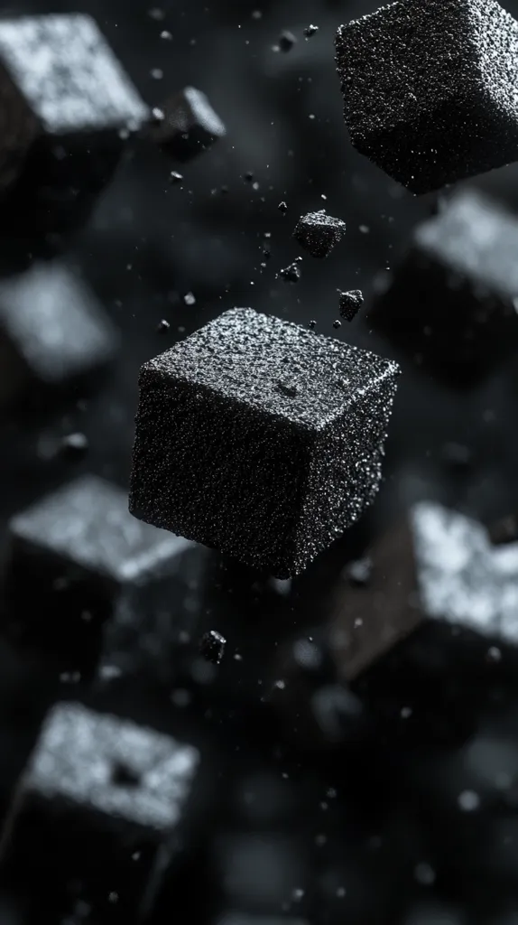 The image shows a black cube-shaped object with a textured surface, falling through a dark background. Other smaller, out-of-focus black objects are also scattered throughout the frame, giving the impression of a shower of dark, textured pieces. The overall image has a dark and mysterious feel.