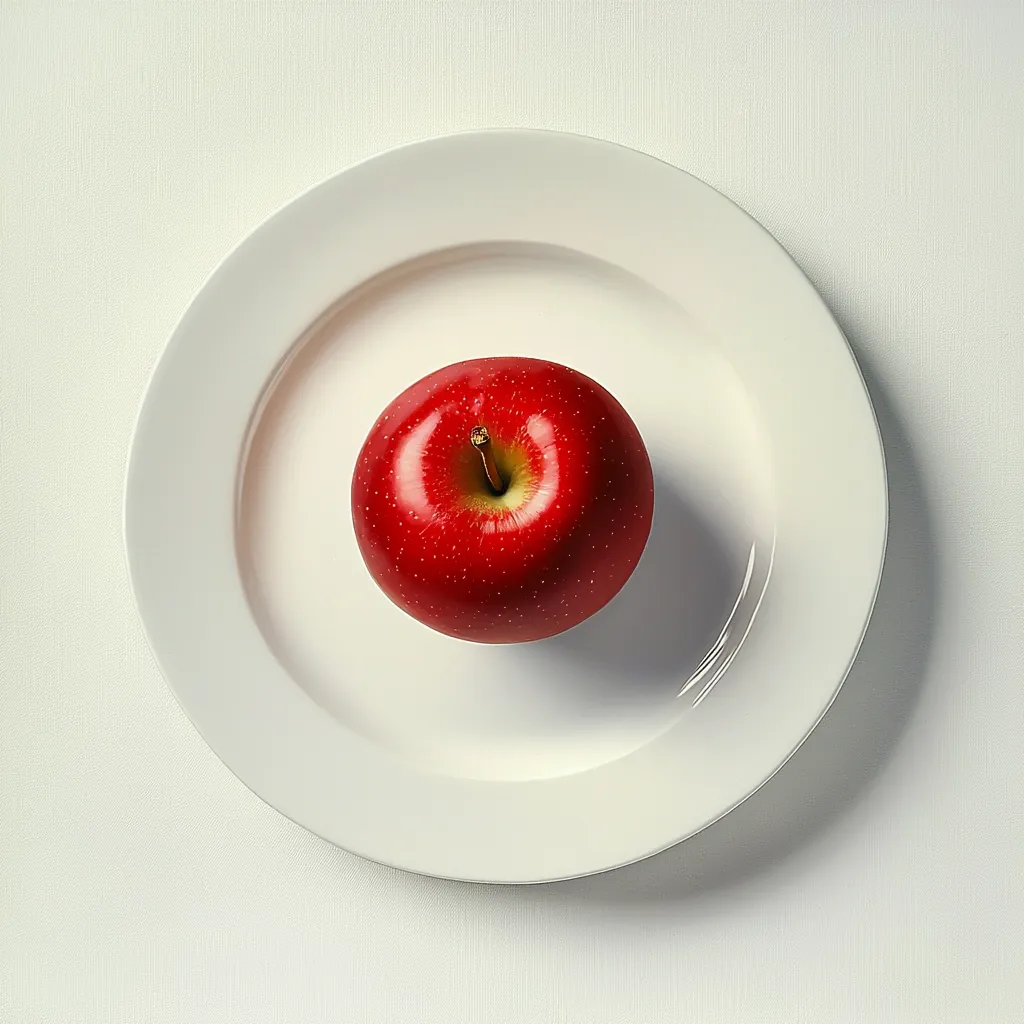 A single, red apple sits in the center of a white plate. The apple is slightly indented in the center and has a short, brown stem with a small leaf. The plate is on a white background. The image is simple and minimalist.