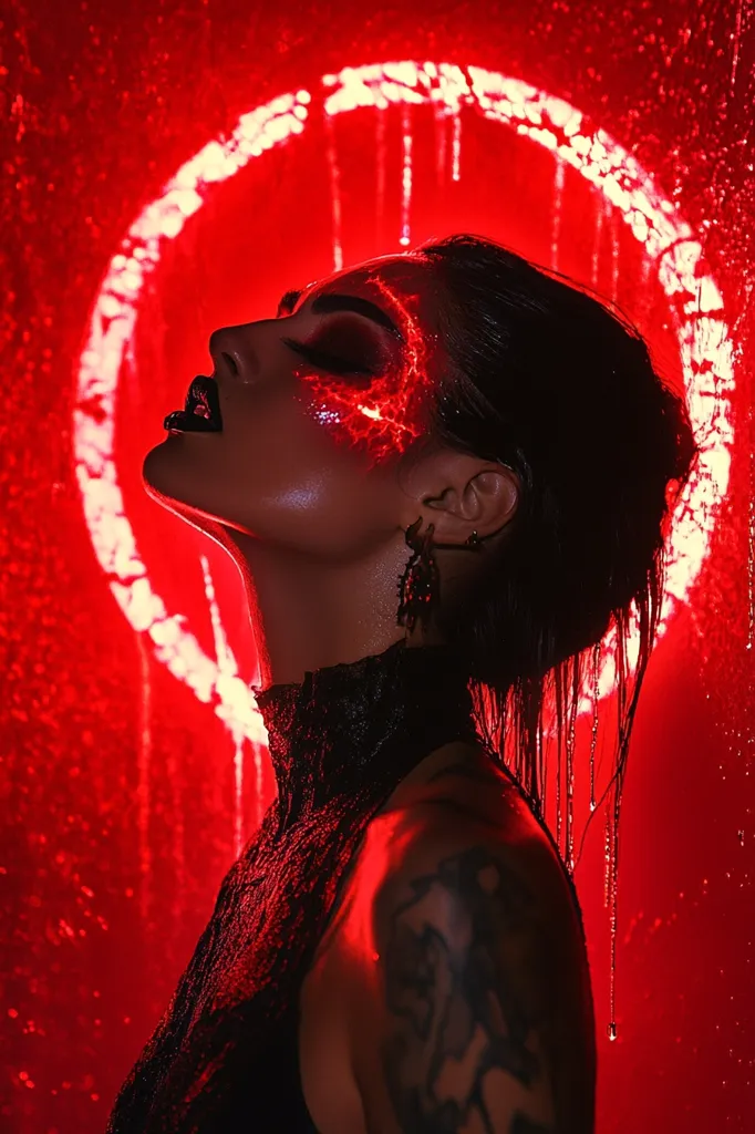 A woman with dark hair and a black lace top poses in front of a bright red background. A glowing red circle is behind her, and a similar design is painted on her face. Water droplets from the background fall on her hair. The image is dramatic and alluring.