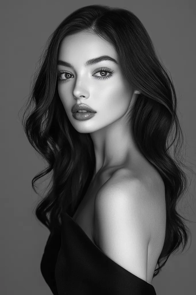 The image is a black and white portrait of a woman with long, wavy hair. She is wearing a black off-the-shoulder dress and her hair is styled in a way that frames her face. She has a soft, delicate look with full lips and large eyes. The photograph is in focus and well-lit.