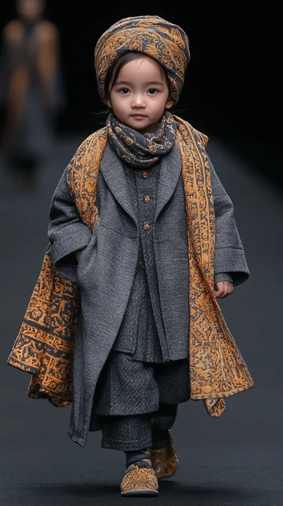 A young child model walks the runway in a grey coat with a patterned scarf. The scarf is draped around their neck and trails behind them. Their head is covered with a patterned turban. The child is looking straight ahead, with a serious expression on their face. The runway is black. The model is wearing grey trousers and brown shoes.  The overall look is chic and sophisticated, befitting a high-fashion show.