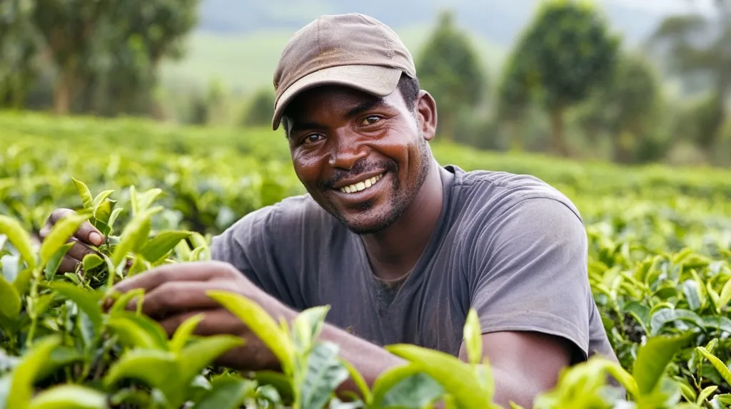 A man in a grey shirt and a brown cap smiles warmly as he tends to his tea plantation. He is surrounded by lush green leaves, suggesting a thriving crop and the dedication of his labor. His expression radiates pride and satisfaction, reflecting the importance of his work.