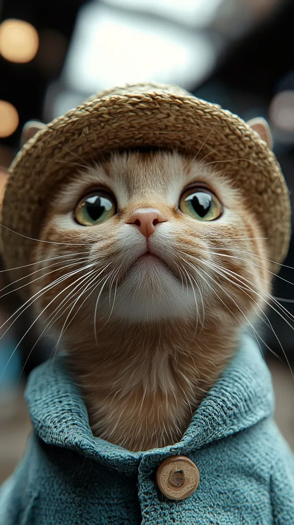A ginger cat wearing a blue knitted sweater with a button and a straw hat looks up at the camera with wide, innocent eyes. The cat's fur is soft and fluffy, and its whiskers are long and white. The cat's expression is one of curiosity and wonder, as if it is asking a question. The background is blurred, creating a soft and dreamy effect.  The photo is a close-up, focusing on the cat's face and chest.