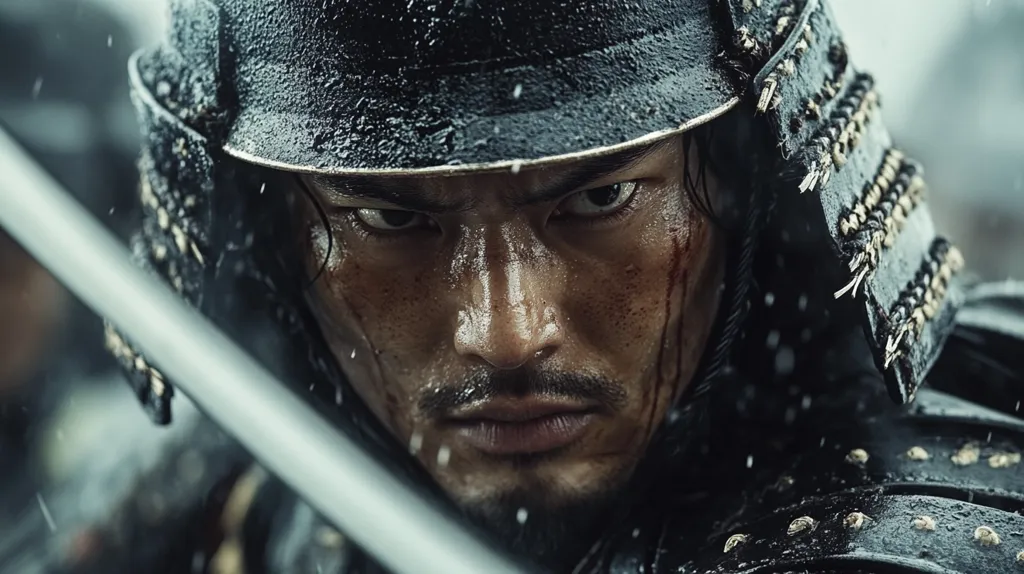 A close-up shot of a samurai warrior, his face obscured by a dark helmet, except for his intense eyes. He is covered in sweat and blood, and a katana blade slices through the foreground. He stares directly at the viewer with a grim determination, conveying a sense of battle and focus.  The image evokes a feeling of raw power and the intensity of a warrior in the midst of conflict.