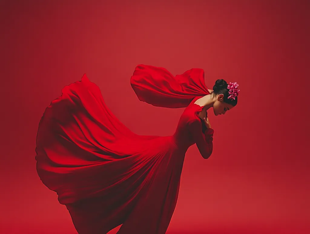 A woman in a flowing red dress with a floral crown in her hair poses against a red background. The dress billows out behind her, creating a dynamic and elegant silhouette. The red hue creates a sense of drama and passion, enhancing the feminine grace of the subject. The image captures a moment of artistic expression and beauty.
