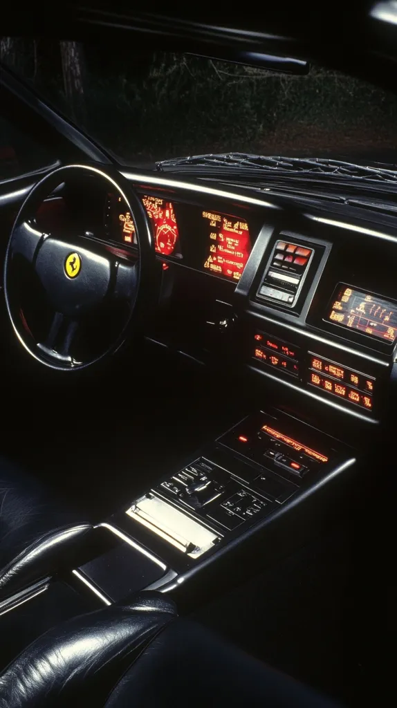 The interior of a classic Ferrari sports car. The steering wheel has a prancing horse logo and the dashboard is filled with gauges and buttons. The center console features a cassette player and various controls. The leather seats are black and the overall aesthetic is one of luxury and performance. The car is parked at night, and the dark interior is illuminated by the red glow of the dashboard. The image captures the essence of a high-performance, Italian-made machine.
