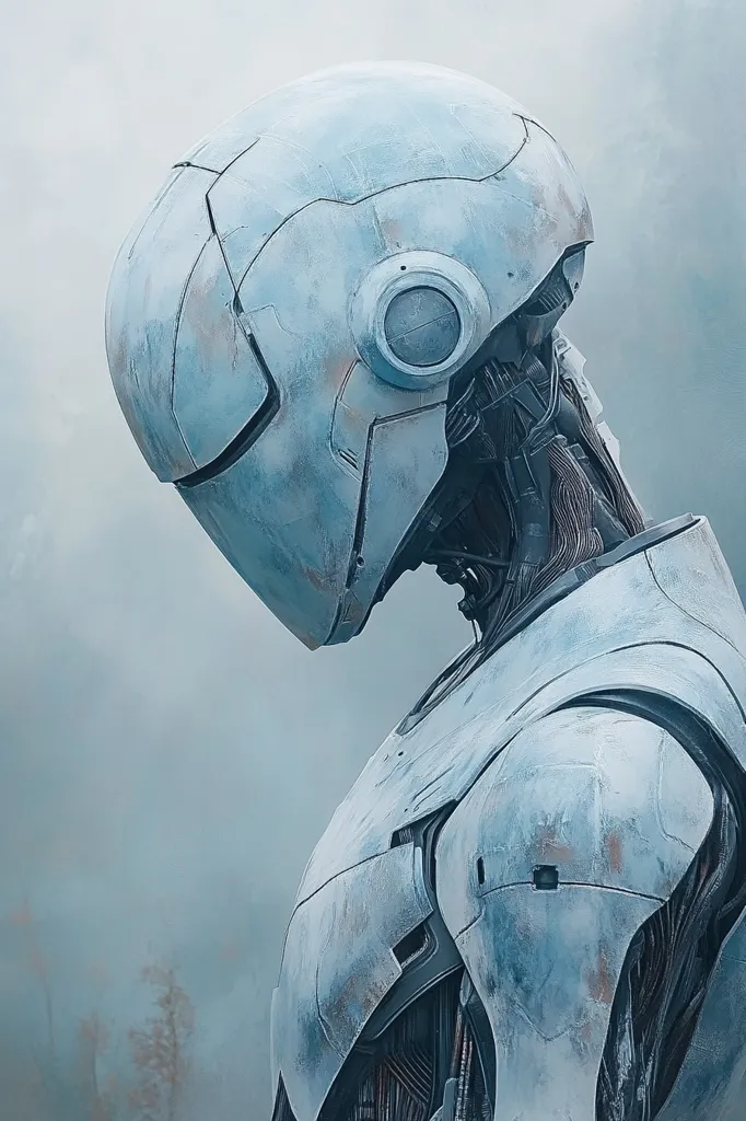 A close-up of a futuristic robot, its metallic, blue-grey exterior is weathered and worn. The robot's head is tilted down, casting a shadow over its face, suggesting a sense of sorrow or introspection. The background is a blurry, hazy blue, adding to the mysterious and atmospheric feel.