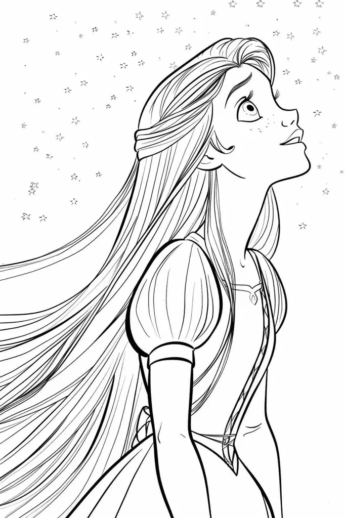 The image is a line drawing of a young woman with long flowing hair. She is looking up at a sky filled with stars. She is wearing a dress with a puffed sleeve and has a delicate necklace. The drawing is simple, but elegant, and the woman's expression is serene and dreamy. The image has a whimsical and enchanting feel.