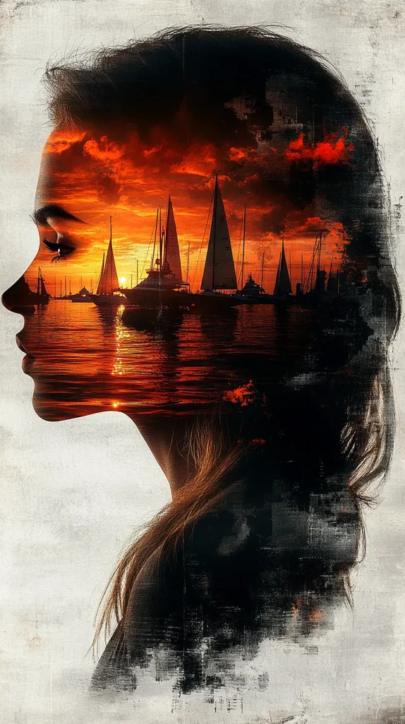 The image depicts a woman's profile with a sunset and sailboats superimposed over her face. The woman's long hair flows down her back and the image is rendered in a grunge style, with brushstrokes and textures throughout. The image evokes a sense of longing and nostalgia.