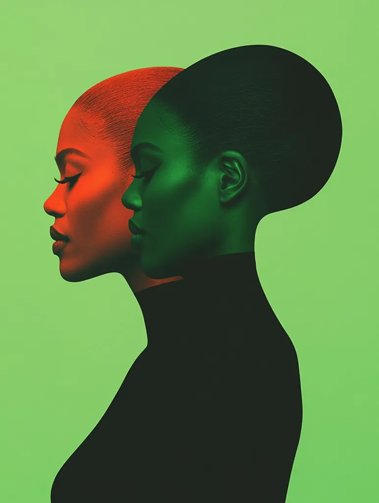 A woman's face is split in half, with one side red and the other green. The woman is in profile, her eyes closed, and her lips are slightly parted. The image is against a solid green background, and the woman is wearing a black turtleneck. The image is stylized and abstract, highlighting the duality of the woman's face.