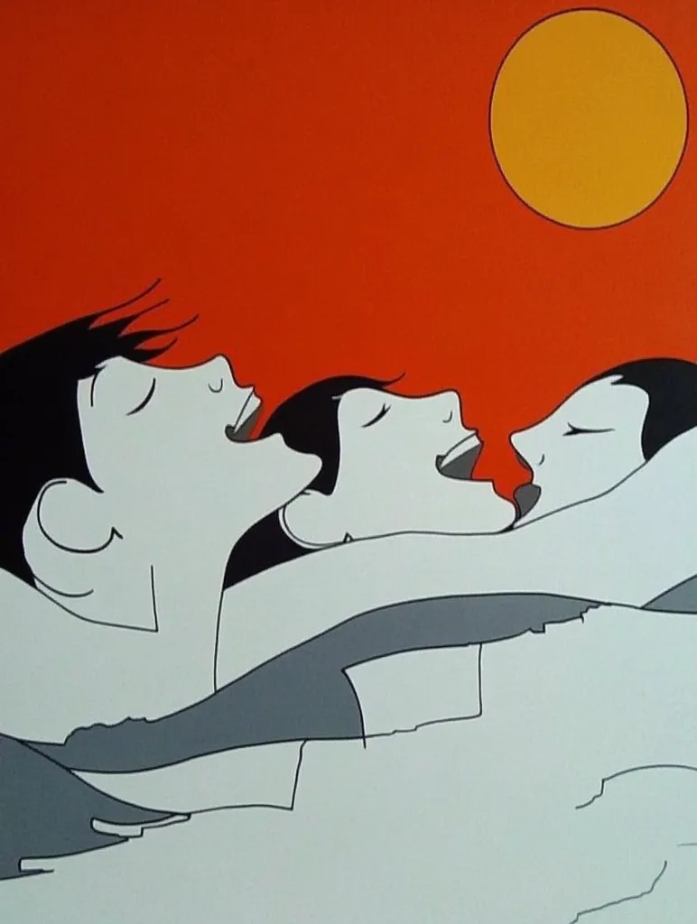 Three cartoon figures lie together, their eyes closed, against a bright orange background. A large yellow sun is in the upper right corner. The figures are stylized, with sharp lines and black outlines, and they are looking upwards. The image is a simple and bold illustration.