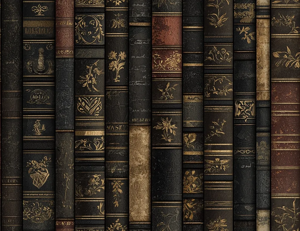A close-up view of the spines of numerous antique books, showcasing their rich, dark brown leather covers with intricate gold-colored embellishments. The spines are arranged in a vertical pattern, creating a visually captivating and textural display of antique literature. Each book appears to have a unique design, hinting at a diverse collection of stories and knowledge. The aged patina of the leather and the meticulous details of the gold designs add to the sense of history and sophistication.