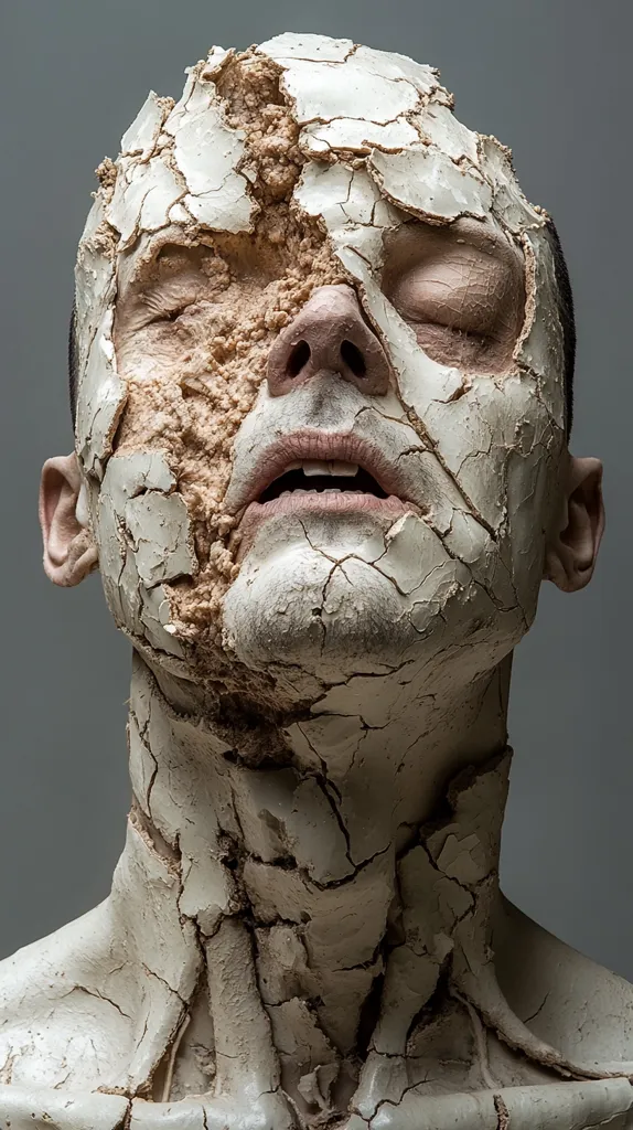The image shows a close-up of a person's face and neck, covered in a cracked and crumbling layer of white and brown material. Their eyes are closed, and their mouth is slightly open, revealing a few teeth. The cracks in the material extend down their neck and appear to be crumbling, giving the image a haunting and eerie feeling. The overall tone is one of decay and fragility.