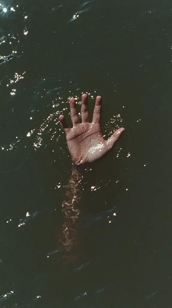 A hand reaches up from the murky depths of a dark body of water.  The hand is open, with fingers spread wide, as if pleading for help. The water is calm, reflecting the dim light from above. The image evokes a sense of danger and desperation.  The hand seems to be the only sign of life in the otherwise still and silent scene.