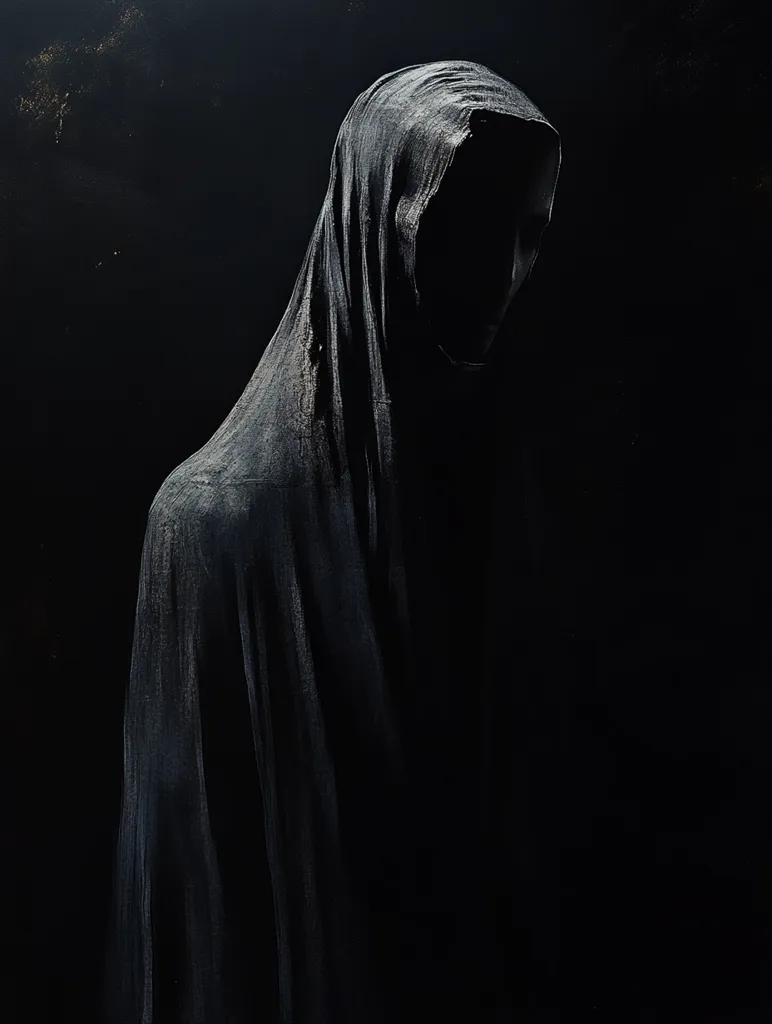 The image shows a figure shrouded in darkness, their face obscured by a deep hood. The figure is enveloped in a black cloak, their form barely visible against the black background. The shadowy image evokes a sense of mystery and intrigue, leaving the viewer to wonder about the identity and motives of the figure. The faint light illuminating the edges of the cloak suggests a hidden world or a secret to be unveiled.  The overall impression is one of secrecy and suspense.
