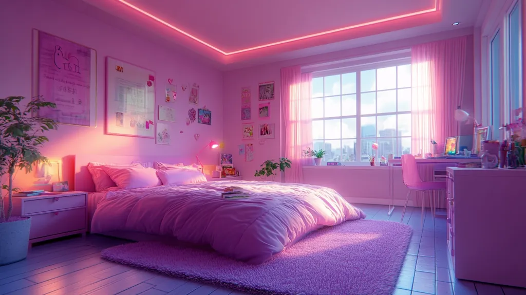 The image shows a bedroom decorated in shades of pink. A large bed with pink linens dominates the room.  It sits in front of a window with pink curtains and overlooks a cityscape. The walls are adorned with framed artwork and posters. Pink lighting casts a soft glow on the room, creating a dreamy and romantic atmosphere.