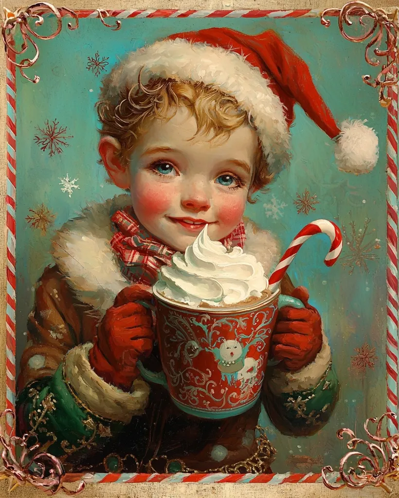 A young child, dressed in a red and white Santa hat and a green and brown coat, holds a mug of hot chocolate topped with whipped cream.  The child's face is rosy and their eyes sparkle with holiday cheer.  A candy cane leans against the mug, adding to the festive scene. The background is a soft teal blue, dotted with snowflakes. The painting is framed with a candy cane border.  It's a charming and heartwarming depiction of the holiday season.