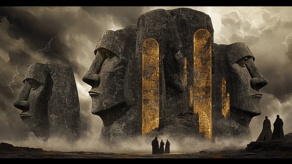 A group of four figures, dressed in dark robes, stand in front of a large, stone structure. The structure features several large, carved faces and tall, rectangular openings with intricate golden patterns. Behind the figures, the sky is dark and stormy with streaks of lightning. The scene evokes a sense of mystery and ancient power.
