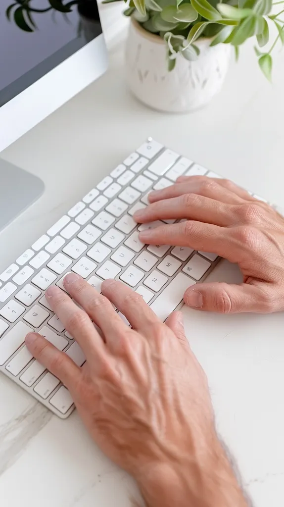 A person's hands are typing on a white keyboard. The keyboard is on a white surface. A computer monitor and a potted plant with green leaves are out of focus in the background. The image is taken from a slightly high angle. The lighting is bright and the overall tone is neutral.