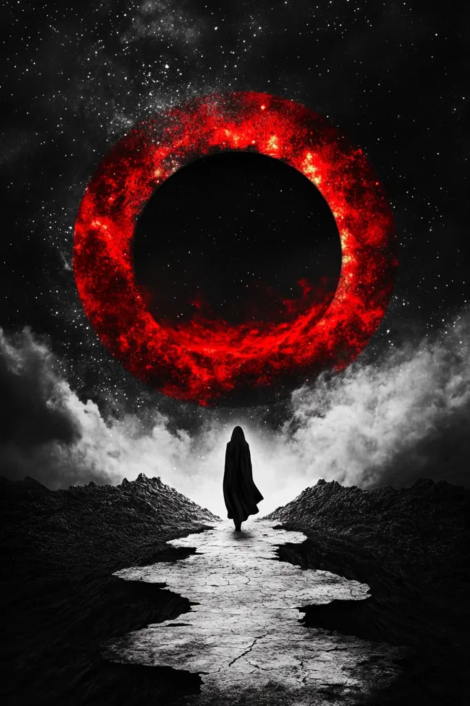 A lone figure in a cloak walks down a cracked path towards a fiery, red ring in the sky. The ring surrounds a black hole, casting a dark glow on the landscape. The background is a starry sky with clouds floating in the air. The image creates a sense of mystery and wonder.