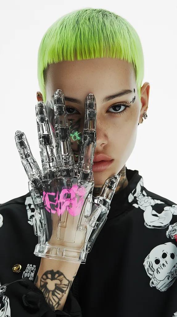 A person with short green hair is wearing a black jacket with white cartoon characters on it. They are wearing a transparent robotic-looking glove with pink markings on it. They are covering their face with the glove, revealing only their eye and a small part of their face. They are looking directly at the camera.