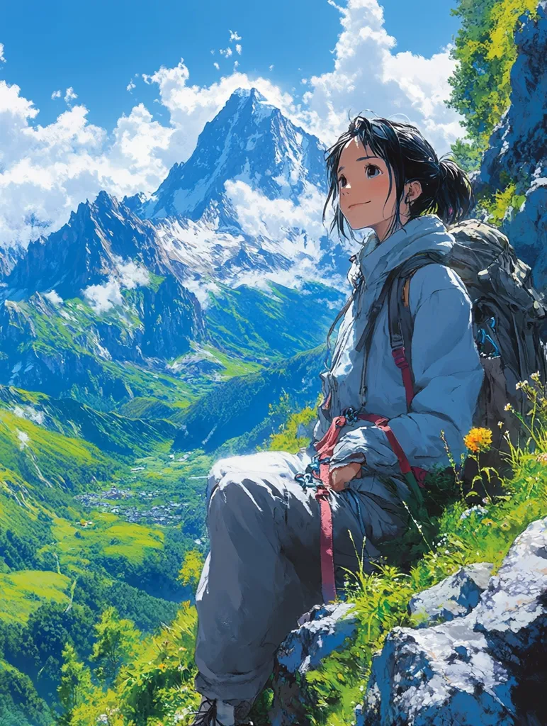 A young woman with long black hair sits on a rocky mountainside, gazing at the majestic snow-capped peaks in the distance. Her blue jacket and red straps suggest she is a hiker, enjoying the breathtaking view. Lush greenery and vibrant flowers surround her, creating a picturesque scene. The sky is a bright blue with fluffy white clouds, adding to the sense of serenity and wonder.