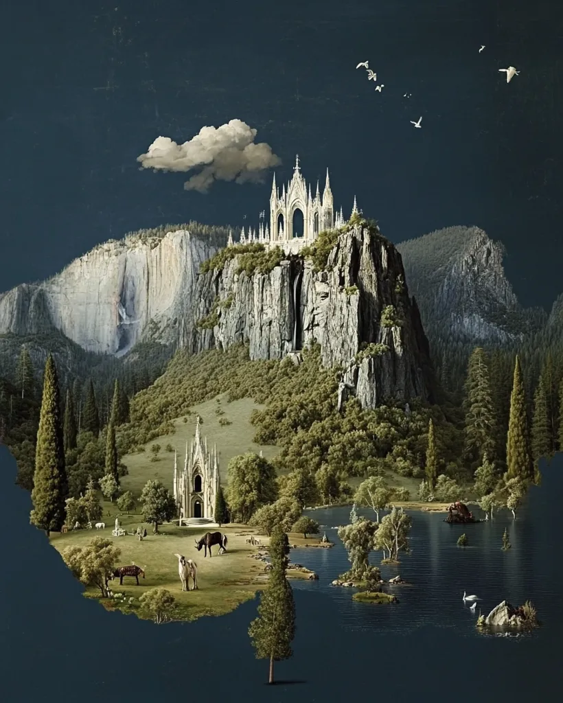 A fantastical, gothic-style castle perches atop a mountain peak, with a waterfall cascading down the cliff face. The mountain is surrounded by lush green forests and a shimmering lake, while a single cloud floats in the dark sky. White birds soar overhead, adding a touch of ethereal beauty to the scene. The scene is reminiscent of a fairytale, with a sense of enchantment and wonder.
