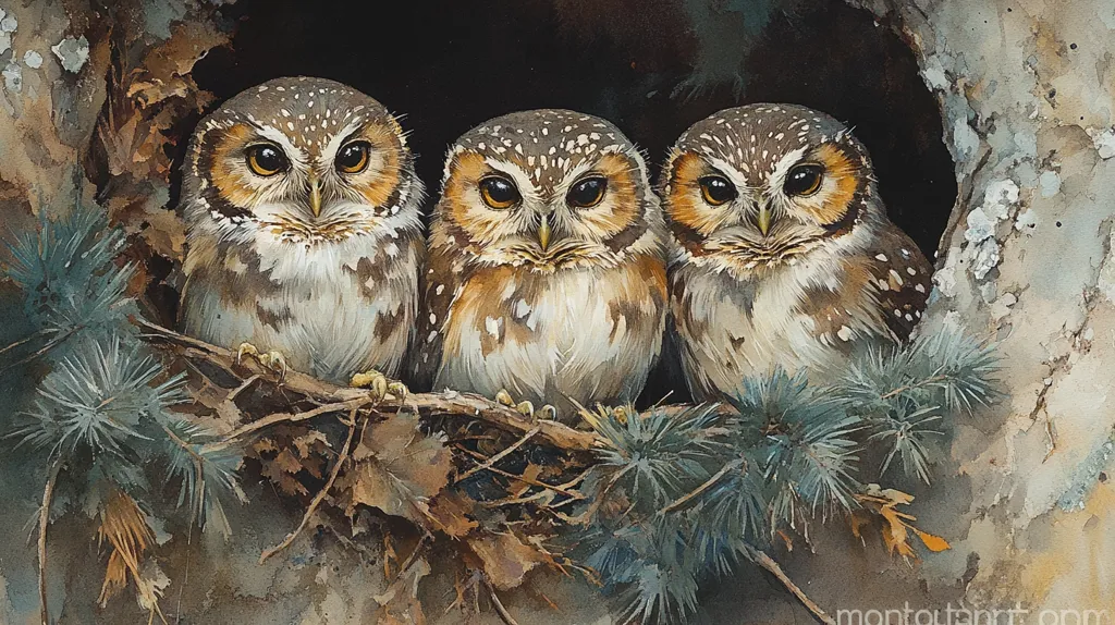 The image depicts three owls, perched together inside a tree hollow. They are all facing forward, with large, round eyes and feathered bodies. The owls are nestled in a bed of dried leaves and pine needles. The background is a blurred image of the tree trunk, painted in shades of brown and grey. The overall tone of the image is one of peace and quiet, with the owls looking serene and contemplative. The painting is executed in a realistic style, with fine details and soft transitions.