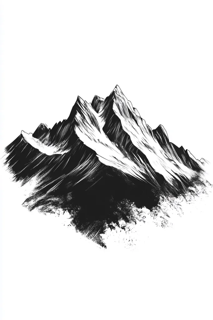 A black and white illustration of a mountain range. The peaks are sharply defined, and the slopes are shaded with strokes of varying darkness, creating a sense of depth and texture. The image is set against a stark white background, highlighting the mountain's imposing presence. The style is reminiscent of a pen and ink drawing, capturing the rugged beauty of the natural world.