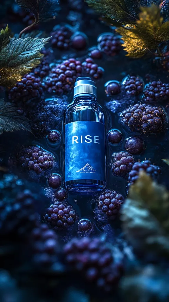 A blue glass bottle with the word "RISE" printed on it sits on a bed of dark blue blackberries. The bottle is surrounded by leaves and the scene has a dark, moody atmosphere. The bottle is slightly out of focus, but the blackberries are in focus, highlighting the contrast between the two. The image has a sense of mystery and intrigue.