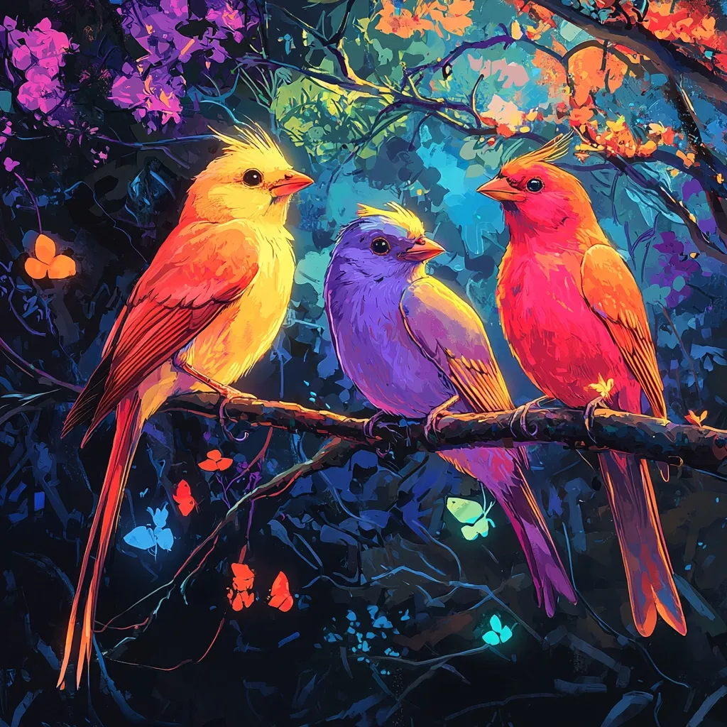 The image depicts three brightly colored birds perched on a branch in a lush, vibrant forest. The birds are a yellow and orange bird with a long tail, a blue and purple bird, and a red bird with a long tail. They are surrounded by a backdrop of colorful leaves, flowers, and glowing butterflies. The painting has a whimsical and magical feel.