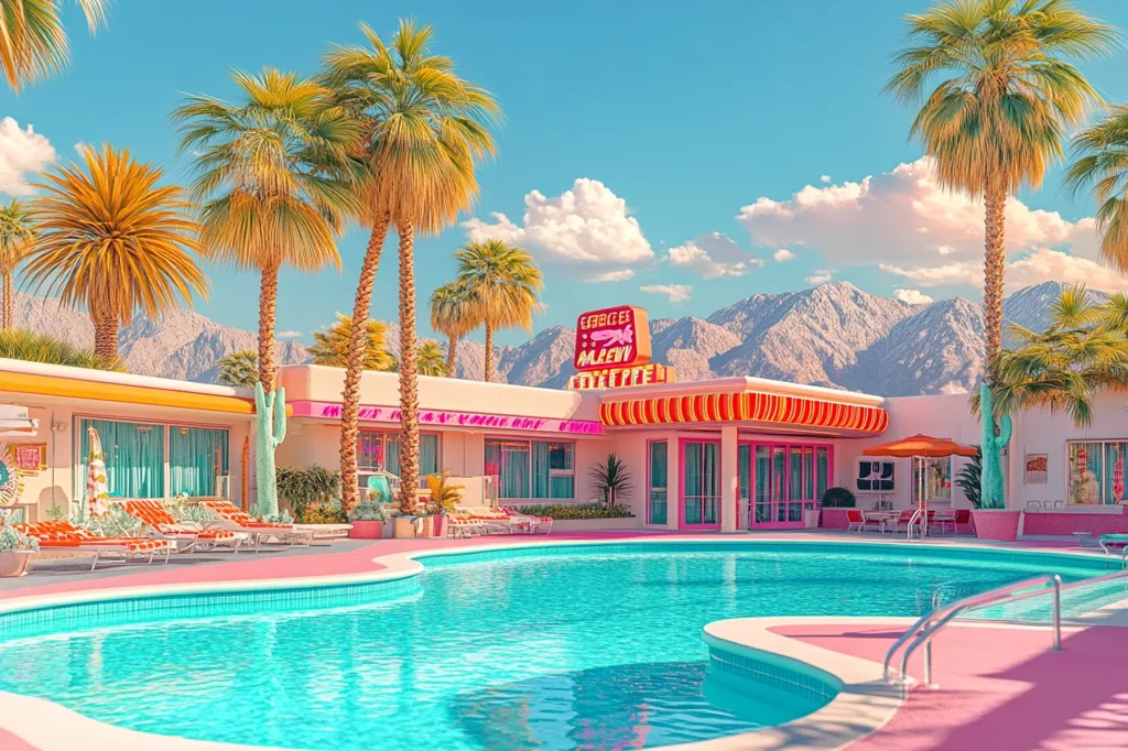 A retro motel with a bright pink facade and a neon sign that says "El Rancho Alegre Motel".  The motel is surrounded by palm trees and mountains in the background.  There is a sparkling blue swimming pool in front of the motel. The scene is bathed in a warm, sunny glow.  It's a quintessential image of 1950s California.