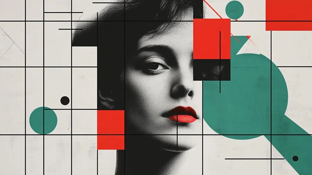 The image is a stylized portrait of a woman with a grid overlay, a prominent black and white design. Her face is half-obscured by a black shape with a red and black geometric pattern around it.  The background is a simple grid with pops of red and teal. The overall effect is striking and abstract.
