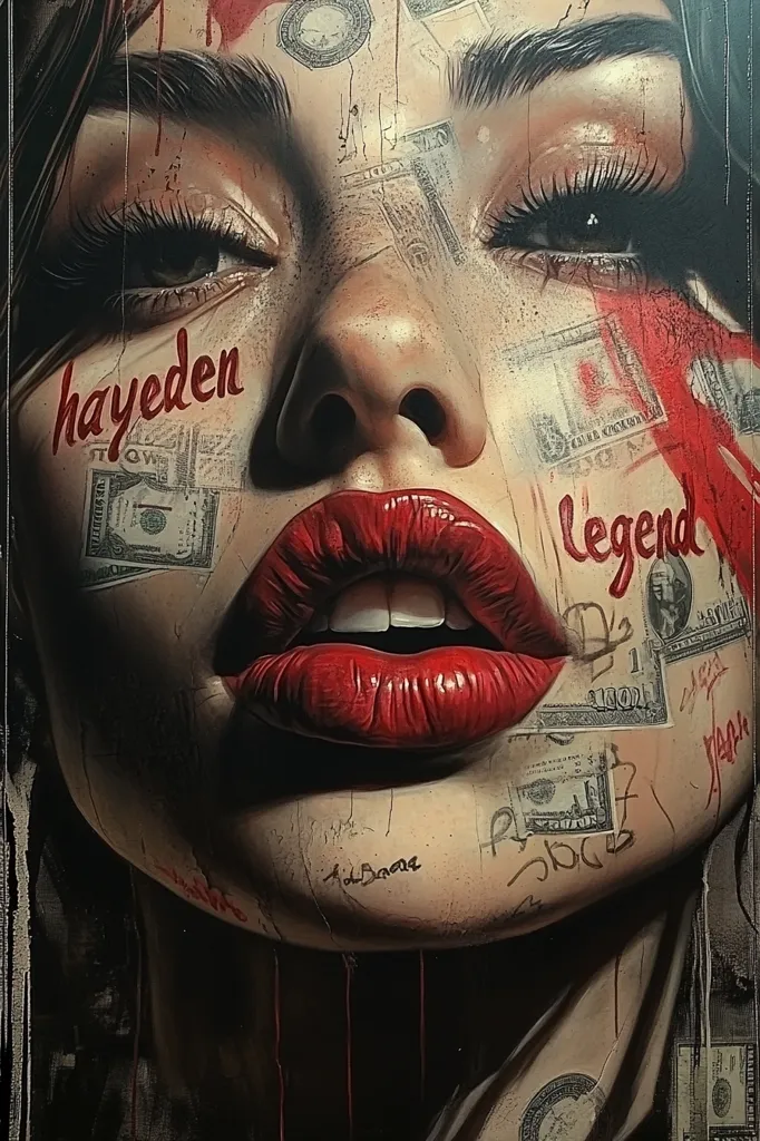 The image is a close-up of a woman's face. Her eyes are closed, and her lips are painted a bright red. She is covered in dollar bills and has the words "hayeden" and "legend" written on her face. There is a sense of sadness and vulnerability in her expression. The image is likely a commentary on the objectification of women and the power of money.