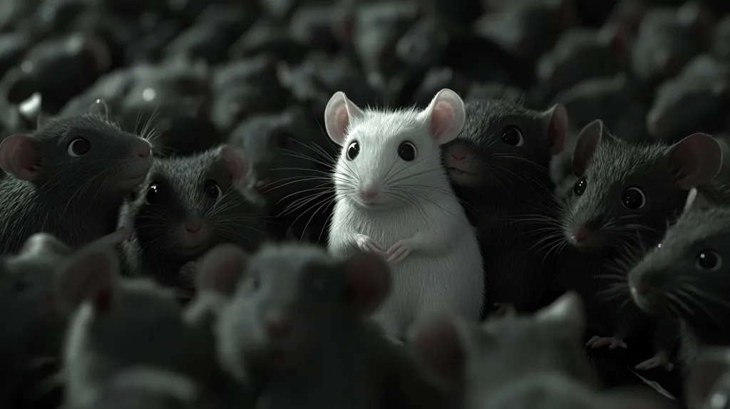 A white rat stands out amongst a group of black rats. The white rat is in the center of the image, looking directly at the camera. It is surrounded by black rats of various sizes and ages, all of whom appear to be curious about the white rat. The image is shot in a dark setting, which emphasizes the contrast between the white rat and the black rats. The composition of the image is dynamic, with the rats positioned in a way that creates a sense of movement and energy.