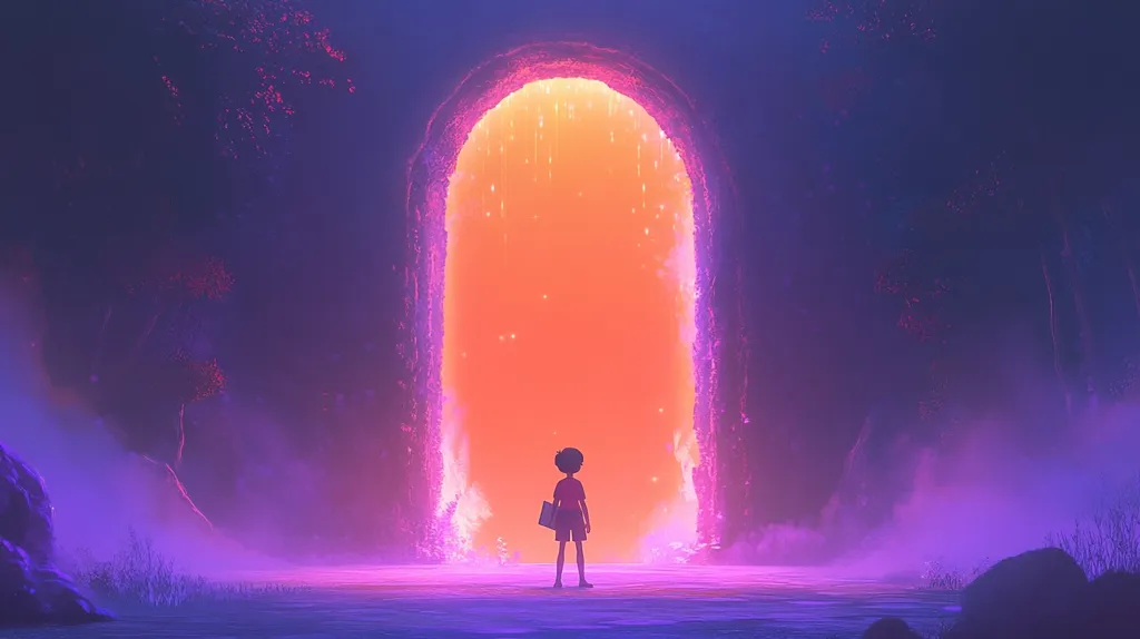 A lone figure stands before a large, glowing portal in a mystical forest. The portal is a bright, orange-yellow color, while the surrounding area is bathed in purple light. The figure is silhouetted against the portal, making them appear small and insignificant. The scene is filled with a sense of wonder and mystery.