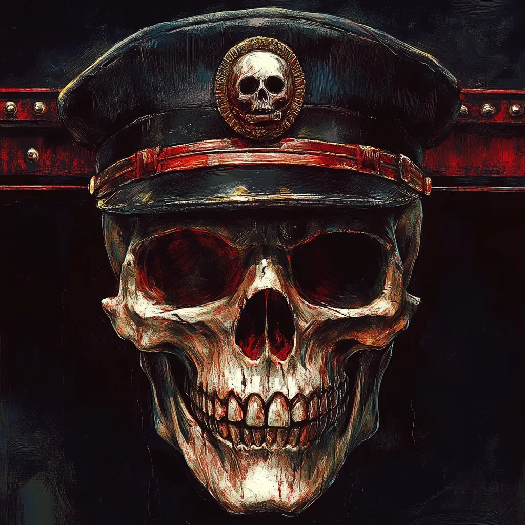 A human skull, painted in a dark, stylized manner, wears a black military cap with a red band and a skull-shaped emblem. The skull has a haunting expression with empty sockets and a wide, toothy grin. The background is a dark, textured surface with a hint of red. The image evokes a sense of macabre and military symbolism.