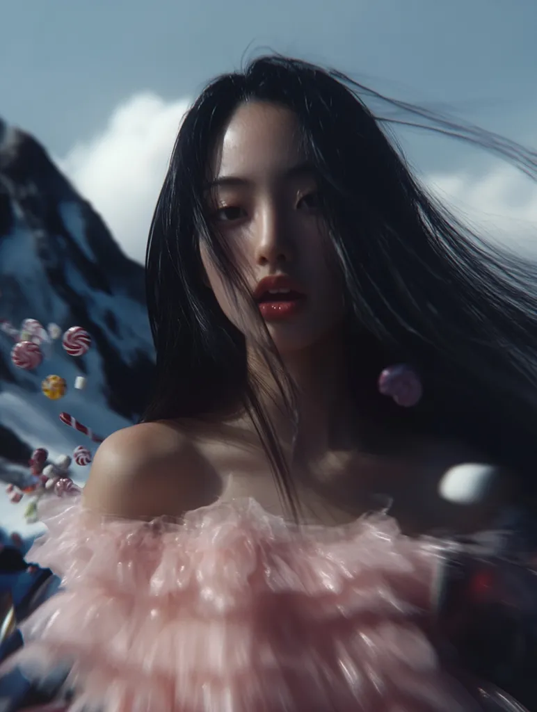 A young woman with long black hair is wearing a pink ruffled top. Her expression is serious, and she is looking directly at the camera. The background is out of focus, but it appears to be a snowy landscape with candy falling from the sky. The image has a dreamy and whimsical feel.