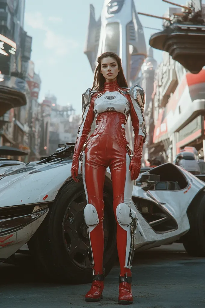 A woman in a futuristic, red and white suit stands confidently next to a white sports car in a futuristic city. She wears red leather boots and has a serious expression on her face. The city is filled with towering structures, indicating a technologically advanced setting. The scene evokes a sense of power and determination, suggesting a story of action and adventure in a technologically advanced world.