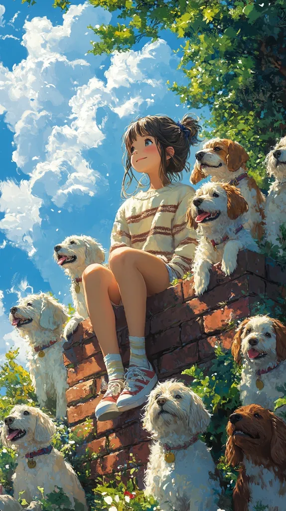 A young girl with long brown hair sits on a brick wall with a group of white and brown dogs surrounding her. She is wearing a striped sweater and white sneakers, and looks up at the sky with a smile. The dogs are looking at her with affection, and the sky is filled with fluffy white clouds. Green trees and plants frame the scene. The overall feeling of the image is one of joy and contentment.