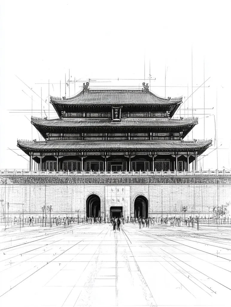 The image is a black and white sketch of a large, multi-tiered Chinese palace gate with a courtyard in front of it. The gate has intricate rooflines and windows and appears to be surrounded by a stone wall. People are depicted walking in front of the gate. The image is overlaid with faint grid lines, possibly indicating a design or architectural plan. The composition is centered on the gate, giving a sense of grandeur and formality.