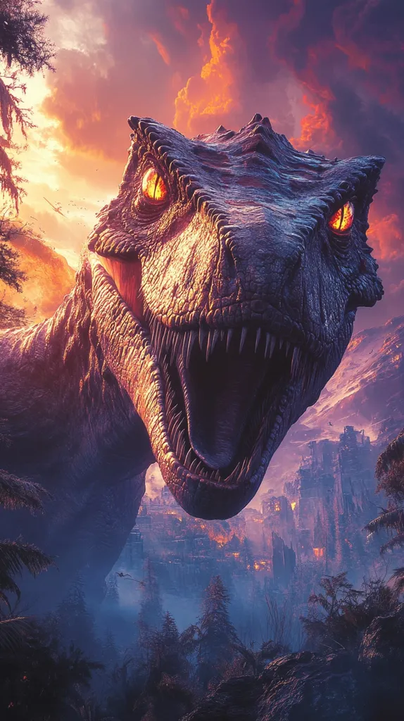 The image depicts a large, menacing dinosaur with its mouth wide open, revealing sharp teeth. Its eyes glow intensely against the backdrop of a fiery sunset. In the distance, a destroyed city lies in ruins, with a faint glow emanating from within. The scene suggests a post-apocalyptic world where nature has reclaimed what was once a thriving civilization. The dinosaur's presence is a chilling reminder of the power of nature and the fragility of human creations.