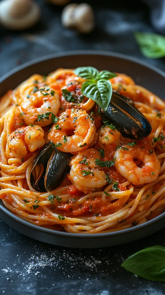 A bowl of spaghetti with a red sauce, topped with large shrimp, mussels, and fresh basil. The dish is garnished with parsley and a sprinkle of parmesan cheese. The pasta is served on a dark background, making the colors of the food pop.