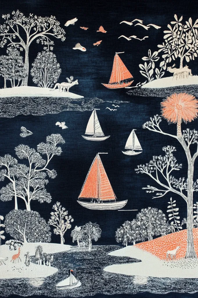 The image is a stylized, hand-drawn illustration of a night-time scene with a river, trees, and sailing boats. The background is a deep blue, with white outlines of the trees, birds, and sailing boats. The boats have orange sails, and the water has a rippling, abstract texture. The overall feel of the image is peaceful and serene.