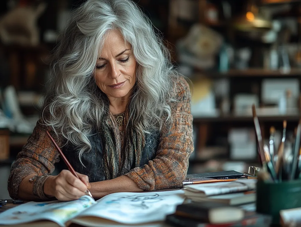A woman with long gray hair sits at a table, her hand holding a brush as she focuses on her art. She's dressed in a warm brown sweater and her face shows concentration. The background features shelves filled with art supplies, suggesting a creative workspace. The image captures the quiet moment of artistic expression.