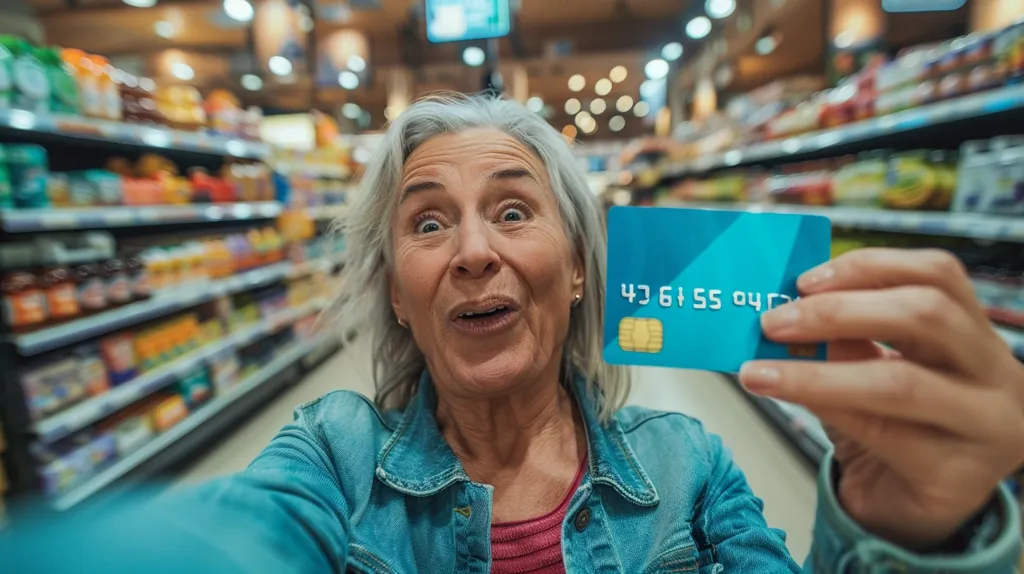 A woman, with gray hair, stands in a grocery store aisle holding a credit card in front of her face with a surprised expression. She is wearing a blue denim jacket and appears happy. The store shelves are blurred in the background.  She is taking a selfie.