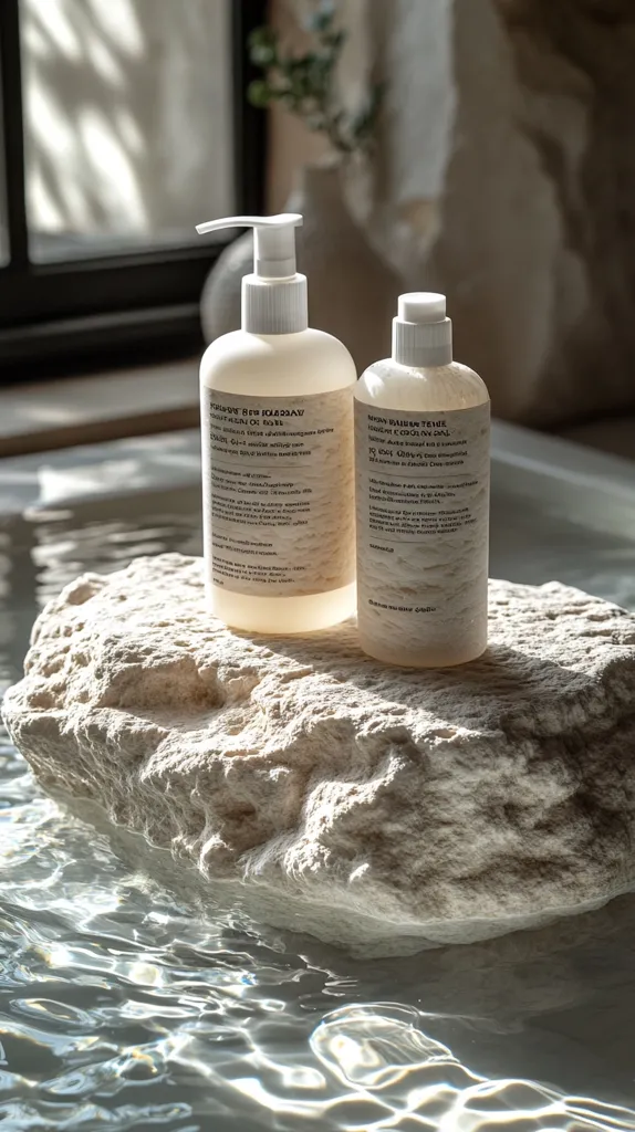 Two white bottles of body wash rest on a smooth white rock in a shallow pool of water. The bottles have minimalist labels with white text. Sunlight reflects off the water, giving the scene a serene and spa-like atmosphere. The background is blurred, showcasing the bottles as the main focus.
